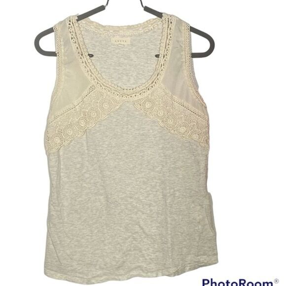Adiva Heather Grey with Creamy Crochet Lace Trim Tank Top Round Neck Size Small - Picture 2 of 6